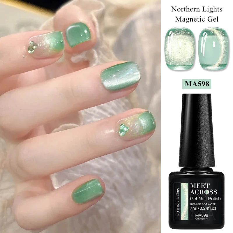 MEET ACROSS 7ml Porcelain White Cat Eye Gel Polish Holographic Glitter Magnetic Galactic Effect Gel Nail Polish Soak Off UV Gel