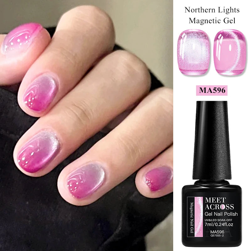 MEET ACROSS 7ml Porcelain White Cat Eye Gel Polish Holographic Glitter Magnetic Galactic Effect Gel Nail Polish Soak Off UV Gel