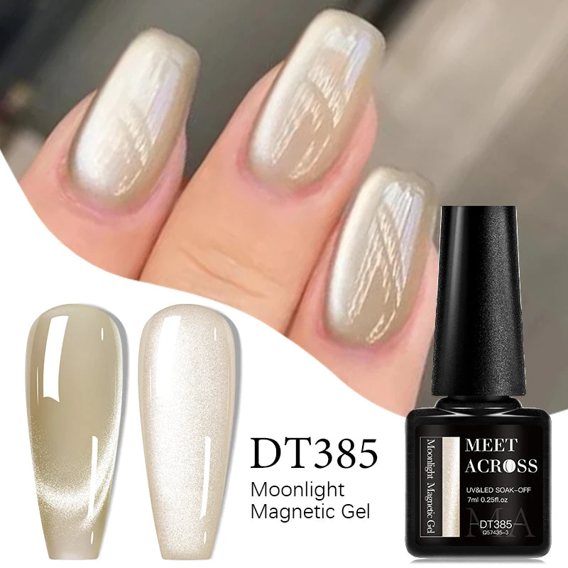 MEET ACROSS 7ml Porcelain White Cat Eye Gel Polish Holographic Glitter Magnetic Galactic Effect Gel Nail Polish Soak Off UV Gel