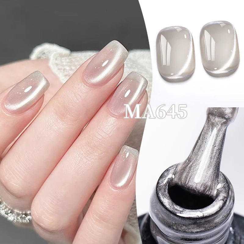 MEET ACROSS 7ml Porcelain White Cat Eye Gel Polish Holographic Glitter Magnetic Galactic Effect Gel Nail Polish Soak Off UV Gel