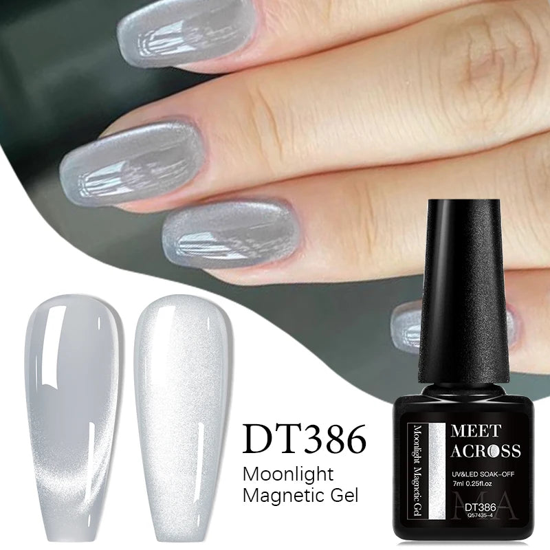 MEET ACROSS 7ml Porcelain White Cat Eye Gel Polish Holographic Glitter Magnetic Galactic Effect Gel Nail Polish Soak Off UV Gel