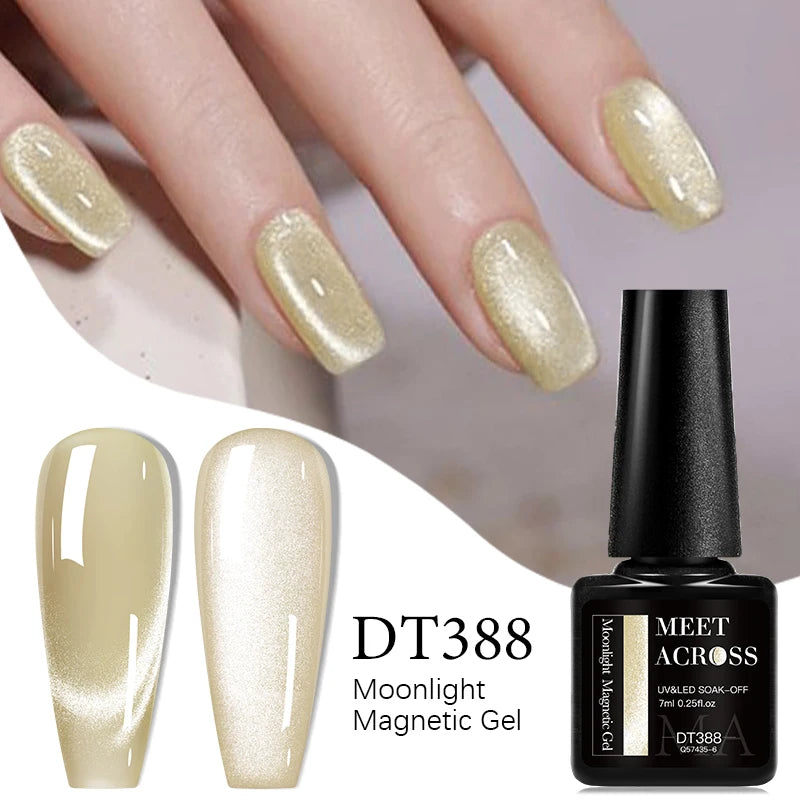 MEET ACROSS 7ml Porcelain White Cat Eye Gel Polish Holographic Glitter Magnetic Galactic Effect Gel Nail Polish Soak Off UV Gel