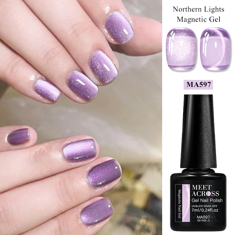MEET ACROSS 7ml Porcelain White Cat Eye Gel Polish Holographic Glitter Magnetic Galactic Effect Gel Nail Polish Soak Off UV Gel