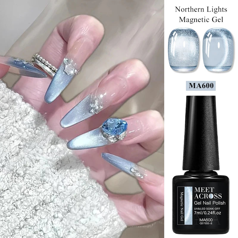 MEET ACROSS 7ml Porcelain White Cat Eye Gel Polish Holographic Glitter Magnetic Galactic Effect Gel Nail Polish Soak Off UV Gel