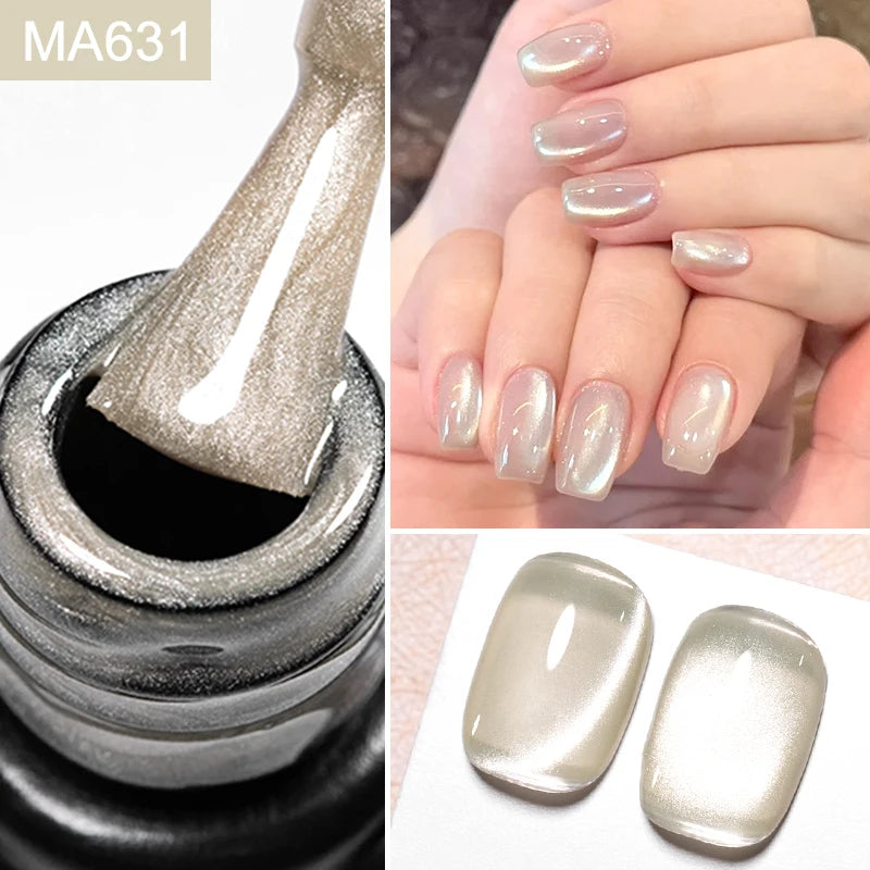 MEET ACROSS 7ml Porcelain White Cat Eye Gel Polish Holographic Glitter Magnetic Galactic Effect Gel Nail Polish Soak Off UV Gel