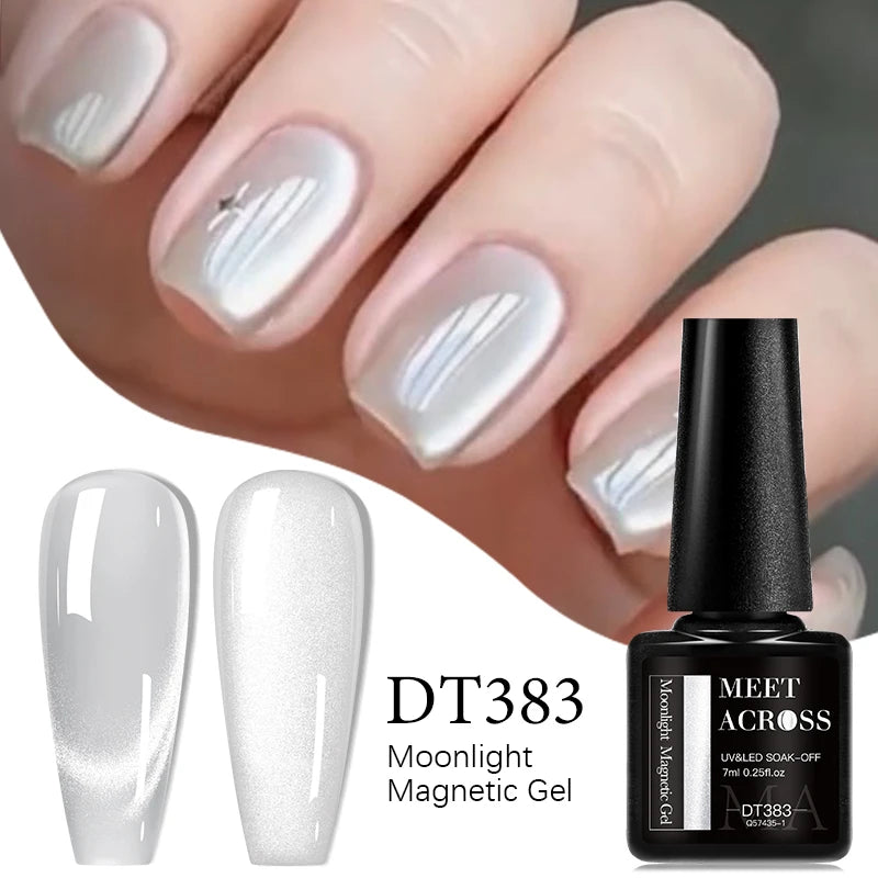 MEET ACROSS 7ml Porcelain White Cat Eye Gel Polish Holographic Glitter Magnetic Galactic Effect Gel Nail Polish Soak Off UV Gel