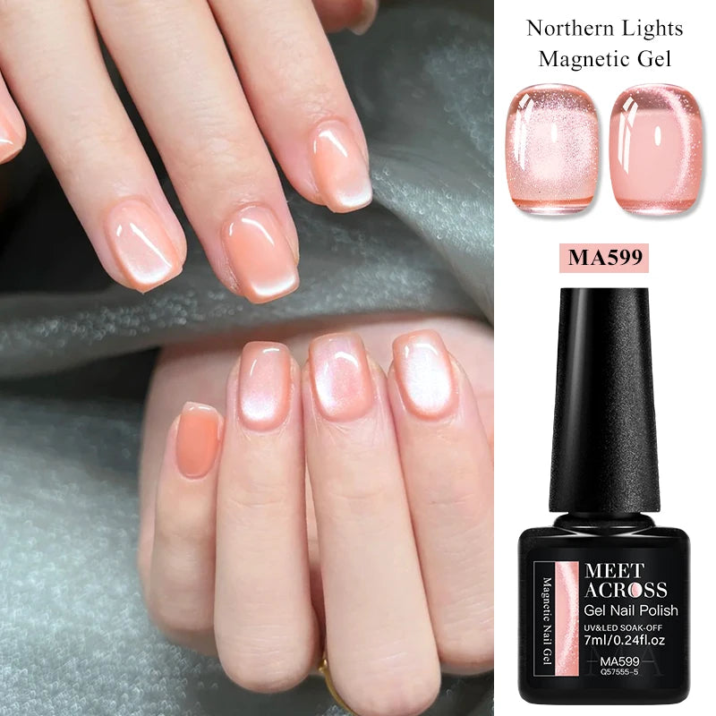MEET ACROSS 7ml Porcelain White Cat Eye Gel Polish Holographic Glitter Magnetic Galactic Effect Gel Nail Polish Soak Off UV Gel